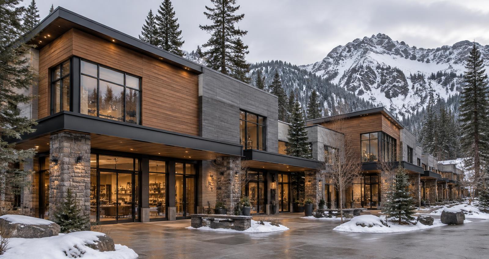 A mountain mini-mall commercial property exterior in winter
