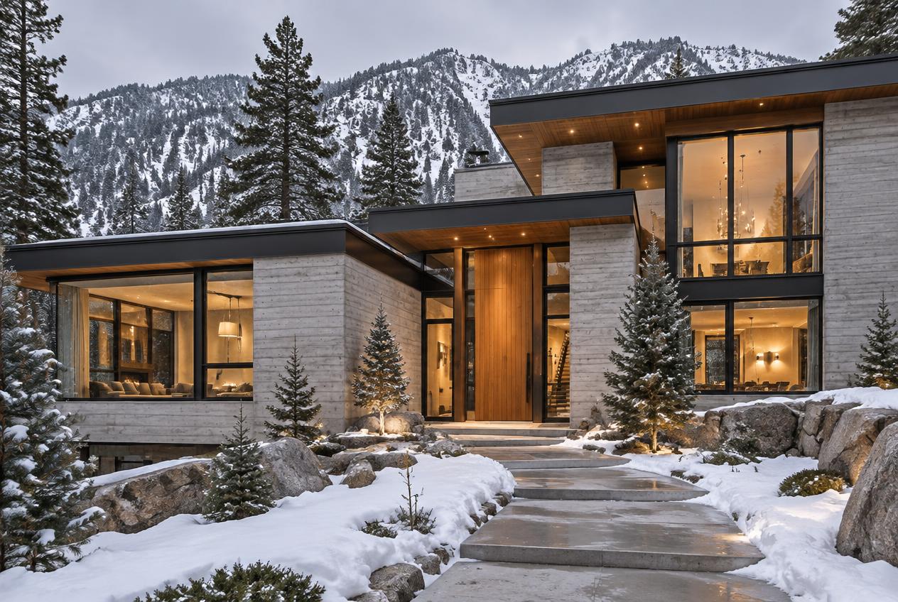 A mountain-modern residential home exterior in winter